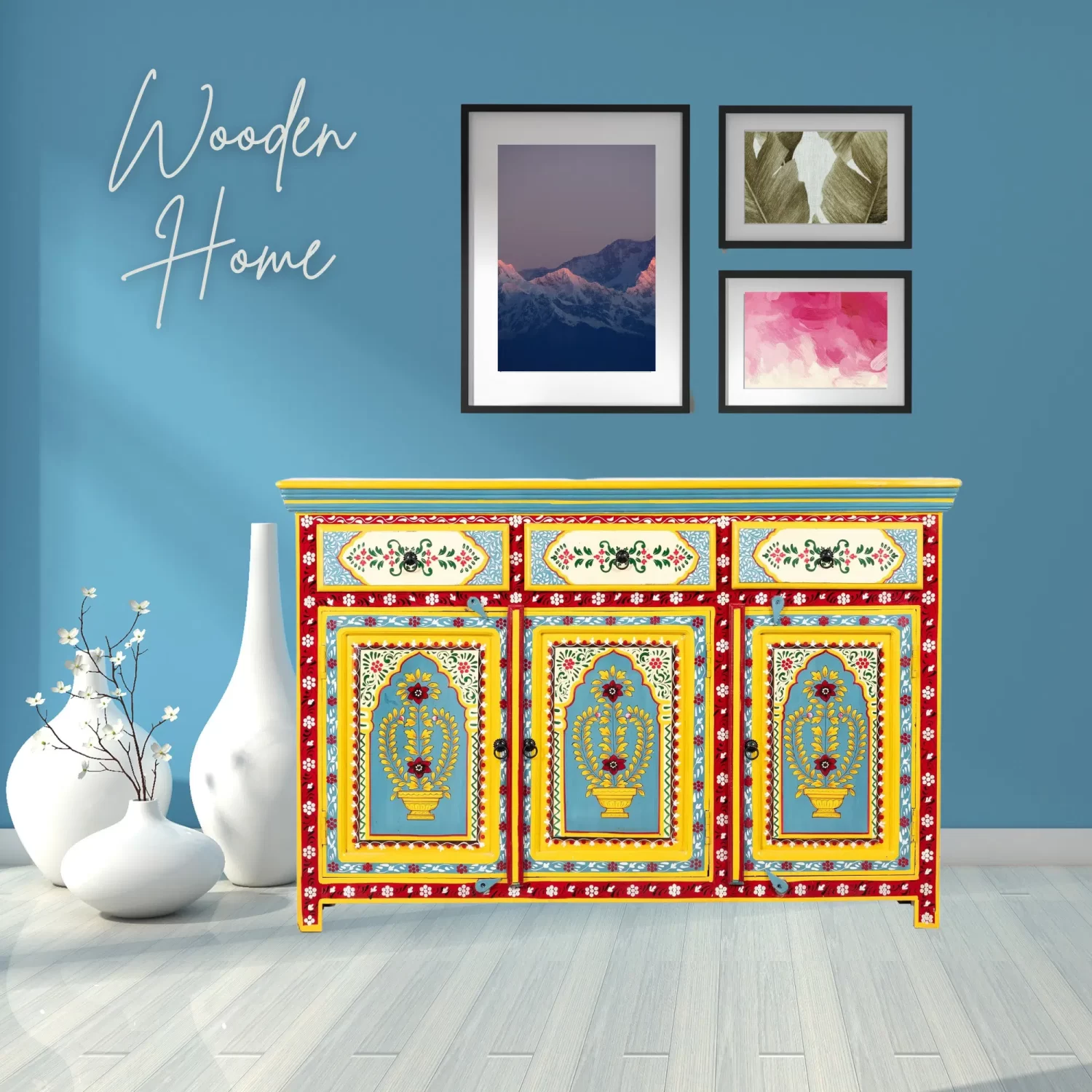 Wooden Home Hand Painted Ptrg Sideboard By Wooden Home 3