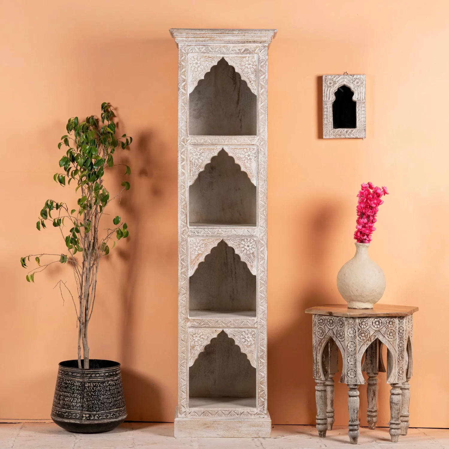 Wooden Home Eternal Classics Hand Carved Whitewash Bookshelf 4
