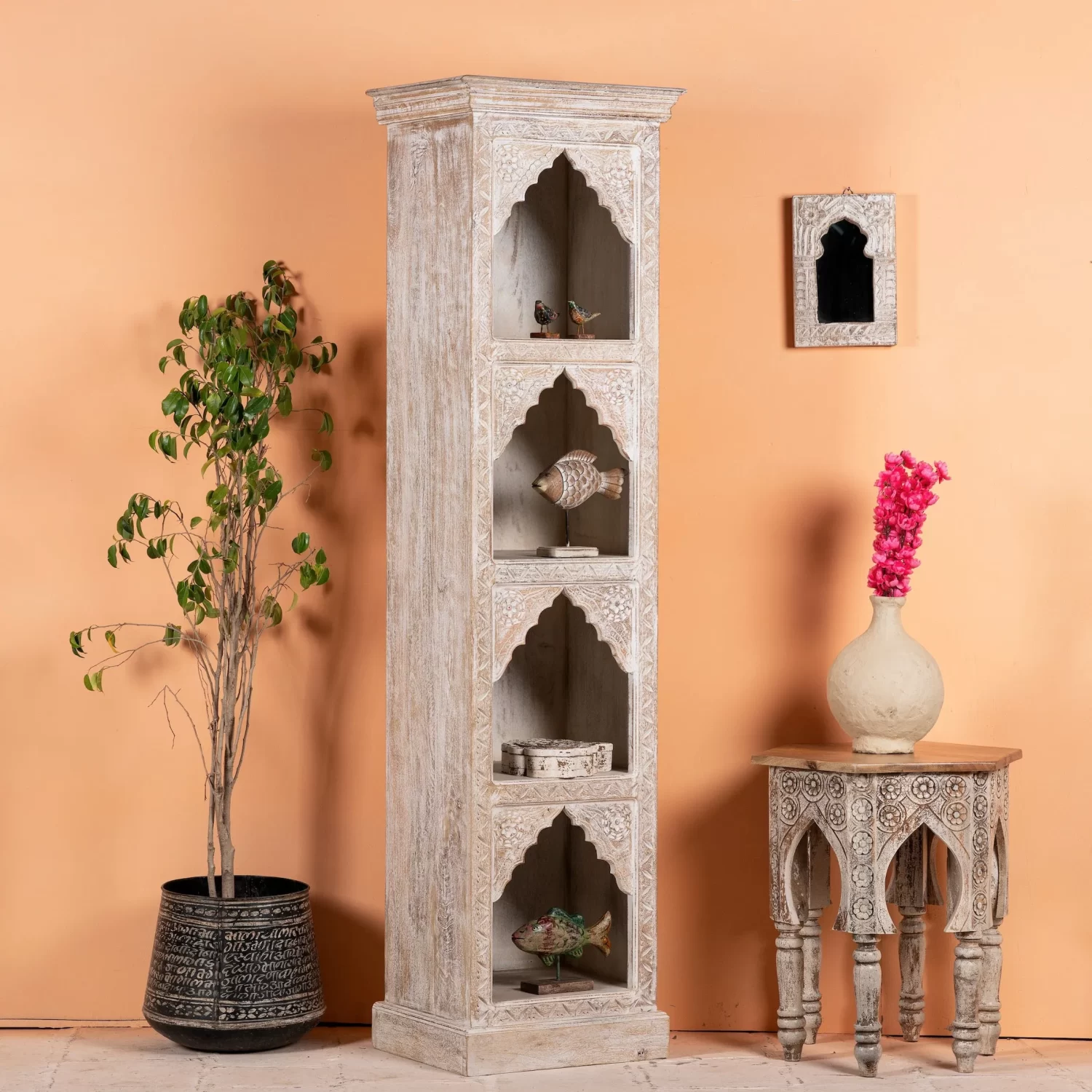 Wooden Home Eternal Classics Hand Carved Whitewash Bookshelf 5