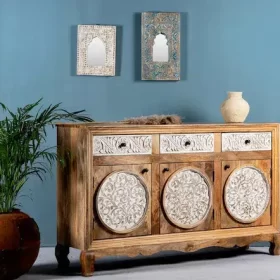 Wooden Home Hand Carved White Washed Solid Wood Sideboard 2
