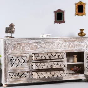 Wooden Home Handmade Solid Wood Carved Sideboard White Distressed 2