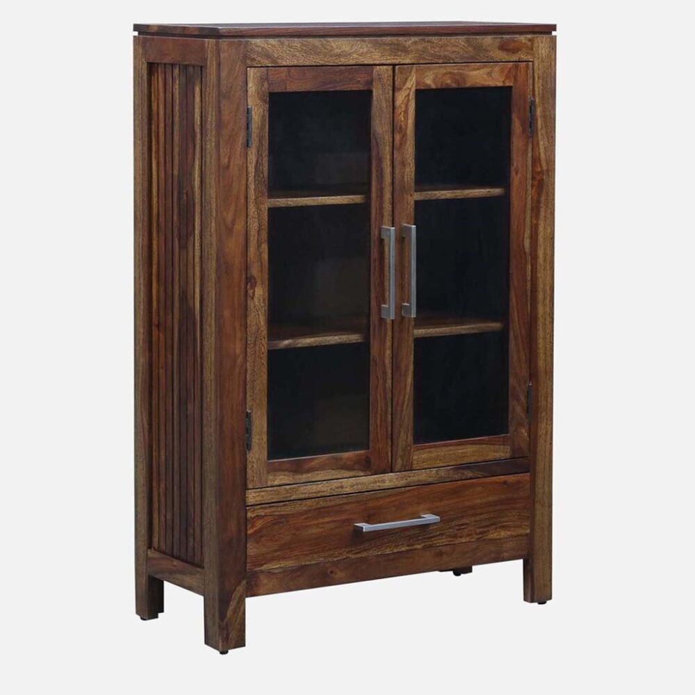 Solid Sheesham Wood Display Cabinet with Glass Doors and Drawer - Dark Walnut Finish