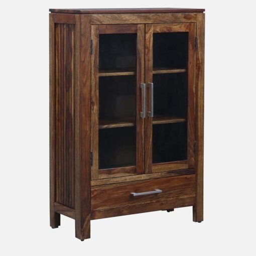 Solid Sheesham Wood Display Cabinet with Glass Doors and Drawer - Dark Walnut Finish