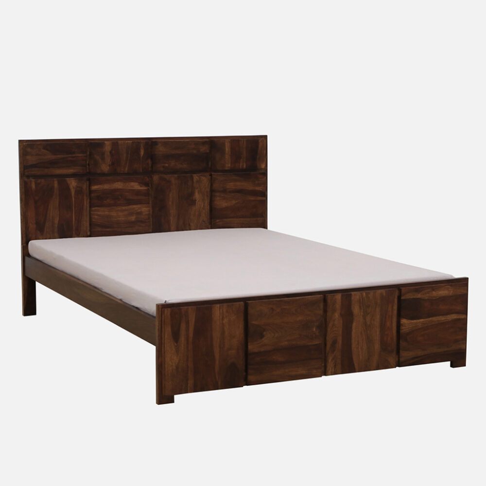 Solid Sheesham Wood Queen Size Bed with Geometric Headboard - Dark Walnut Finish