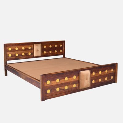 Solid Sheesham Wood Queen Size Bed with Upholstery and Brass Accents - Mid-Century Modern